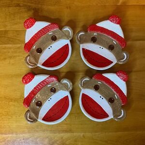 Set of 4 Sock Monkey Face‎ Plates Dessert Appetizer Candy Trinket Dishes Granny